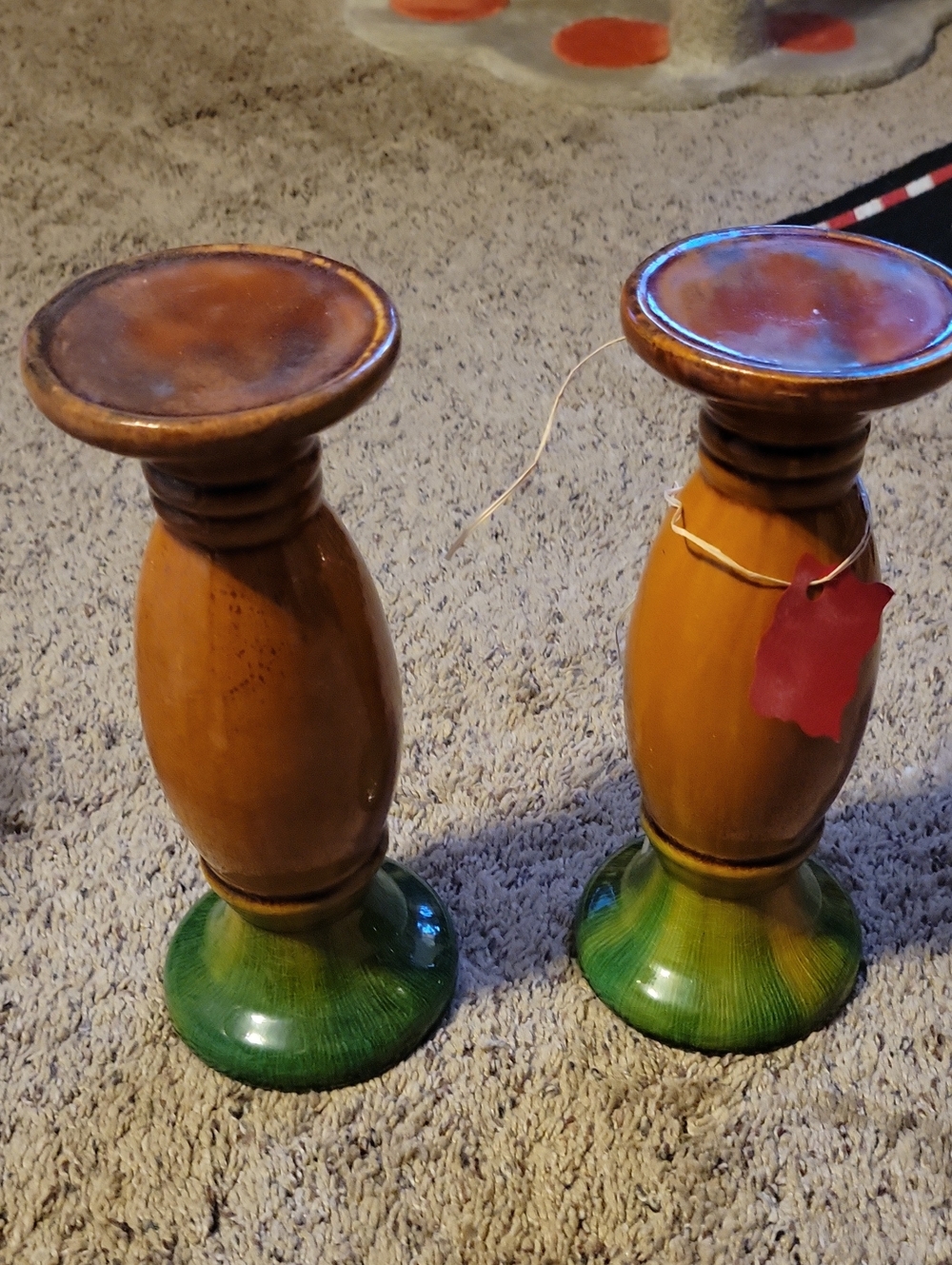 Rustic Brown and Green Ceramic Candlestick Pair